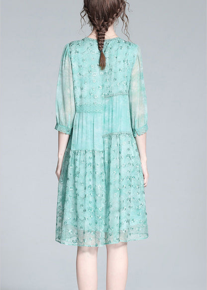 Light Green O-neck Embroideried Button Long Dresses Summer