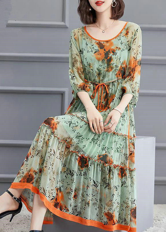 Light Green O-neck Tie Waist Wrinkled Silk Dress Spring