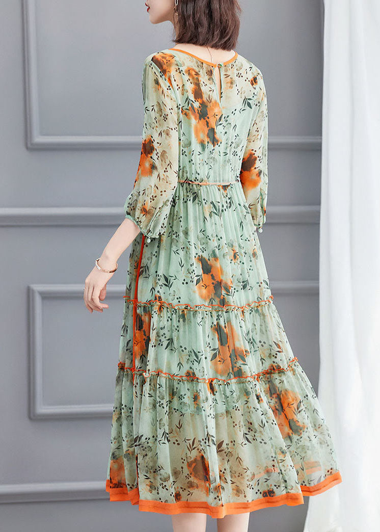 Light Green O-neck Tie Waist Wrinkled Silk Dress Spring