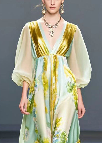 Light Green V Neck Print Silk Holiday Dress Spring