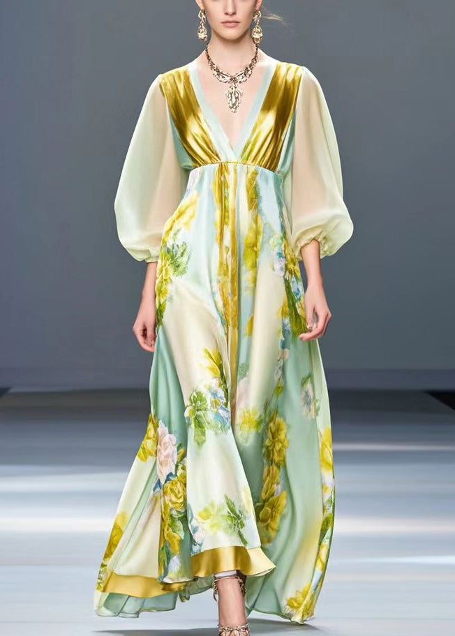 Light Green V Neck Print Silk Holiday Dress Spring
