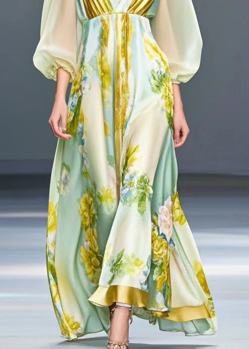 Light Green V Neck Print Silk Holiday Dress Spring