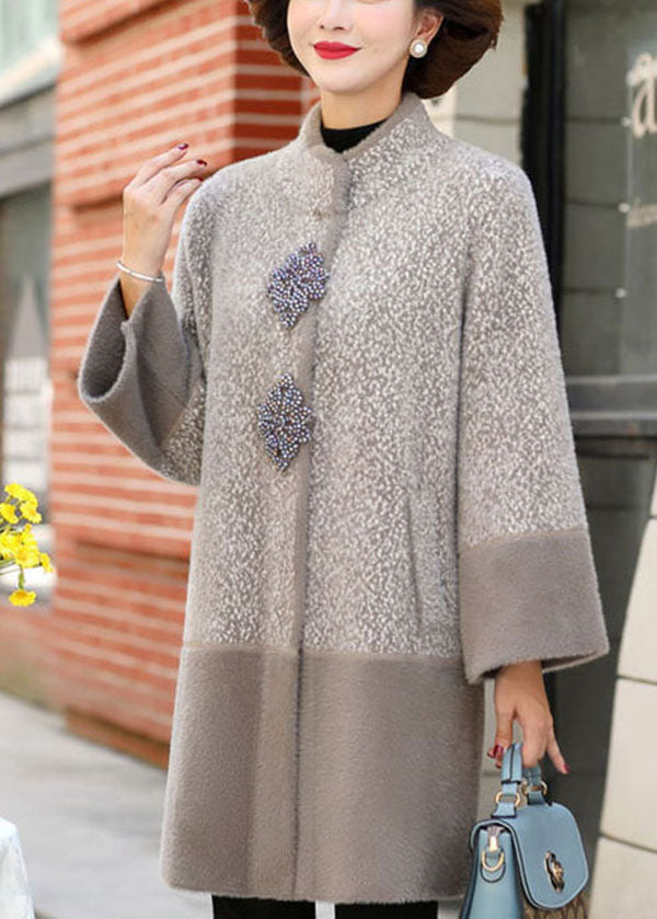 Light Grey Stand Collar Patchwork Pockets Mink Hair Knitted Trench Coats Winter