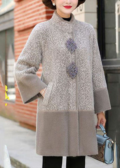 Light Grey Stand Collar Patchwork Pockets Mink Hair Knitted Trench Coats Winter