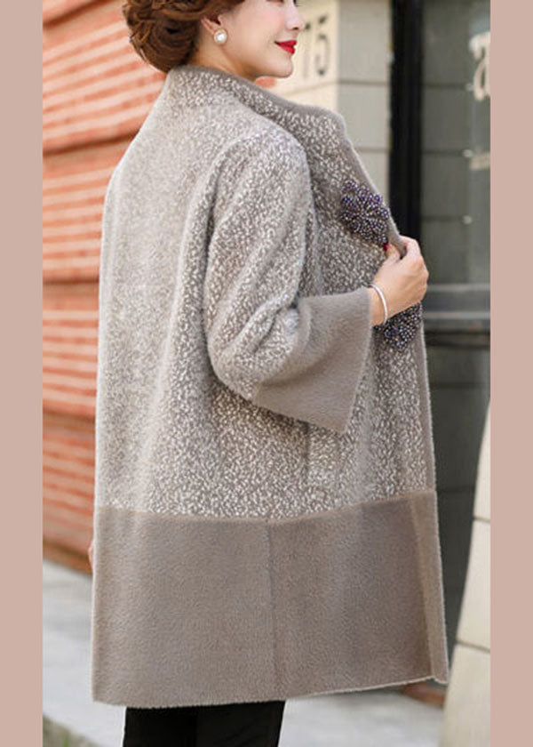 Light Grey Stand Collar Patchwork Pockets Mink Hair Knitted Trench Coats Winter