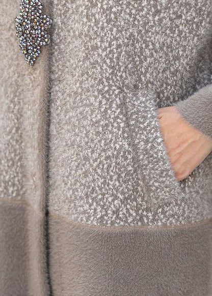 Light Grey Stand Collar Patchwork Pockets Mink Hair Knitted Trench Coats Winter