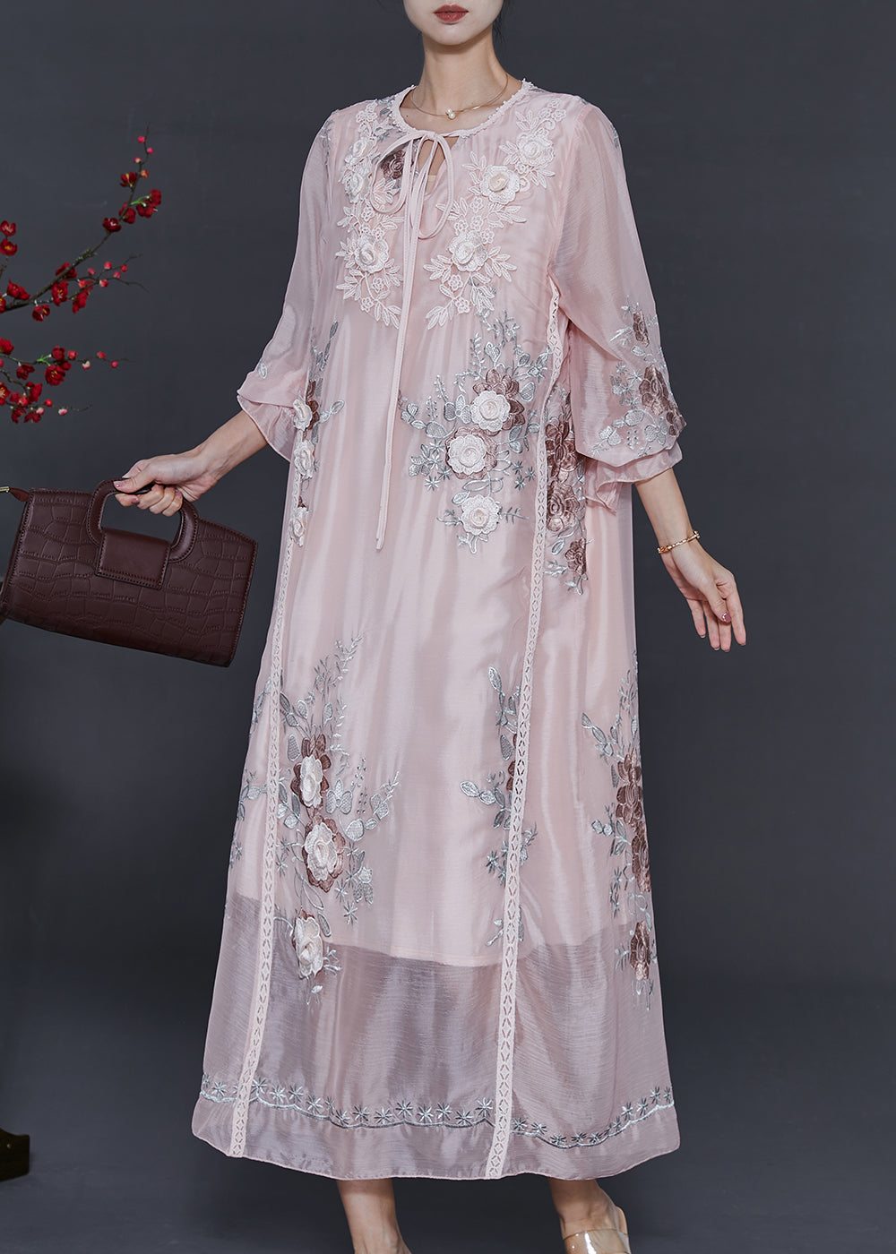 Light Pink Embroidered Silk Holiday Dress Spring