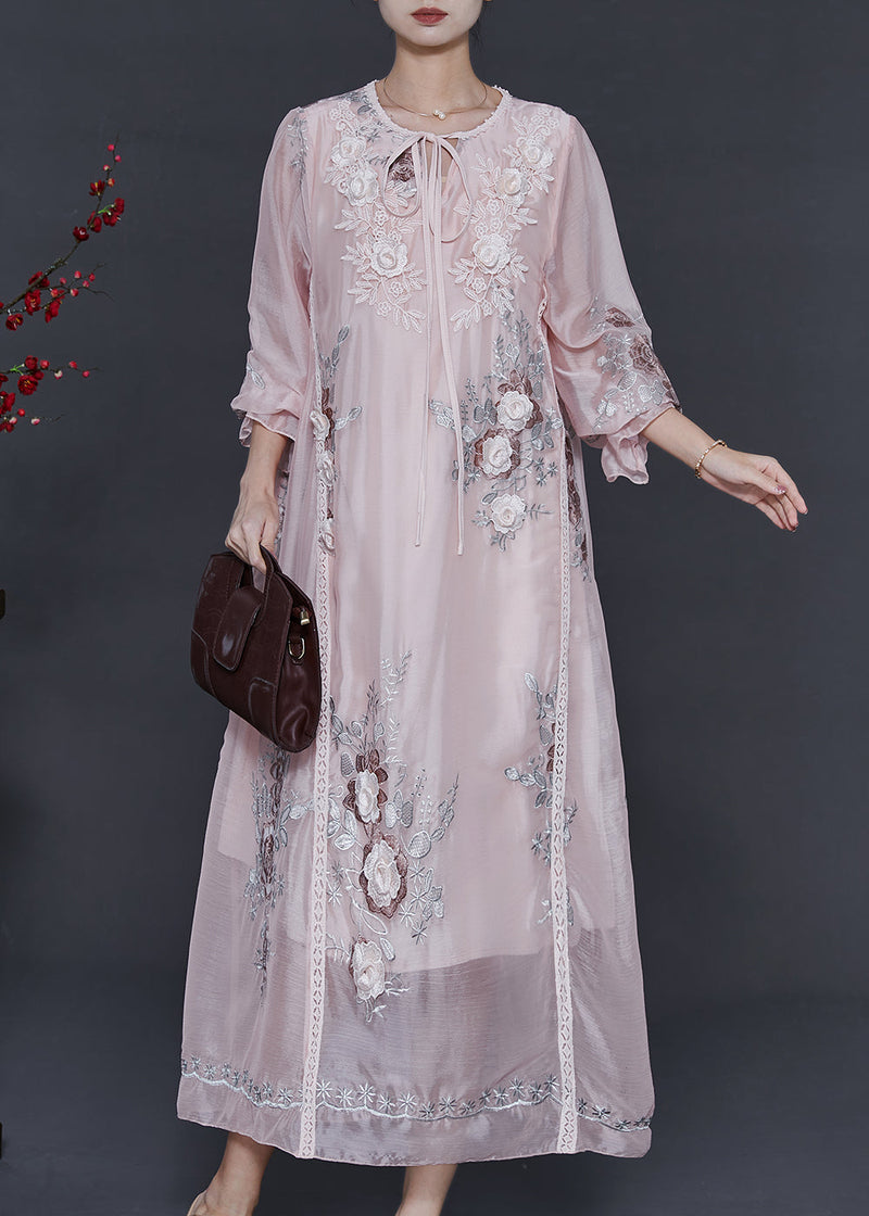 Light Pink Embroidered Silk Holiday Dress Spring