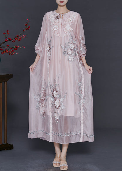 Light Pink Embroidered Silk Holiday Dress Spring