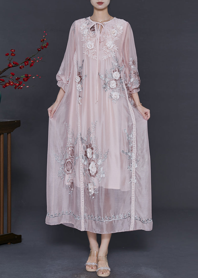 Light Pink Embroidered Silk Holiday Dress Spring