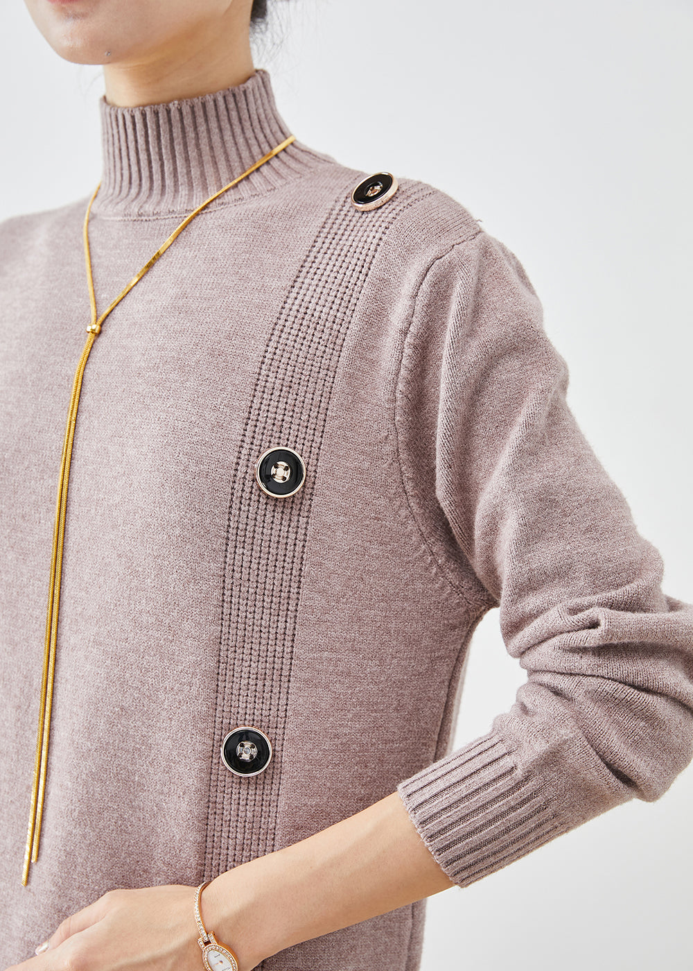Light Purple High Neck Button Knit Dress Winter