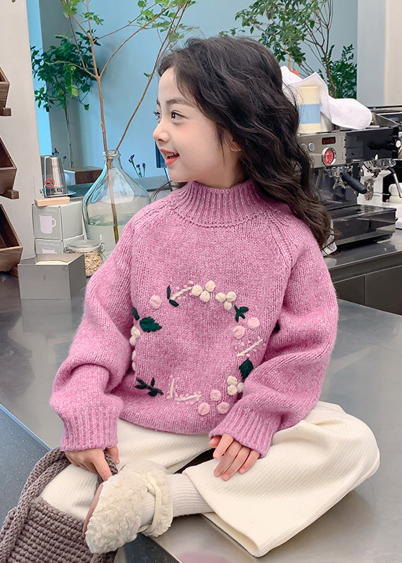 Light Purple Turtleneck Thick Cotton Knit Kids Sweaters Spring