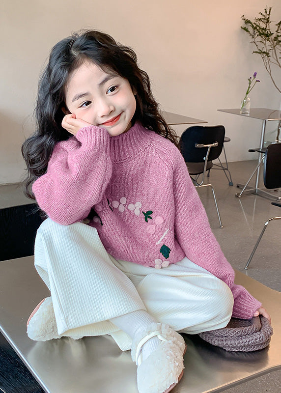 Light Purple Turtleneck Thick Cotton Knit Kids Sweaters Spring