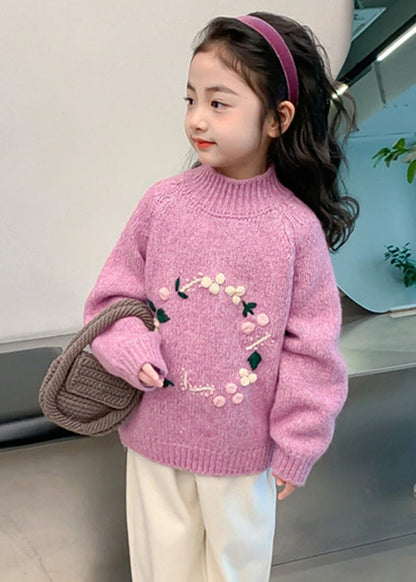 Light Purple Turtleneck Thick Cotton Knit Kids Sweaters Spring