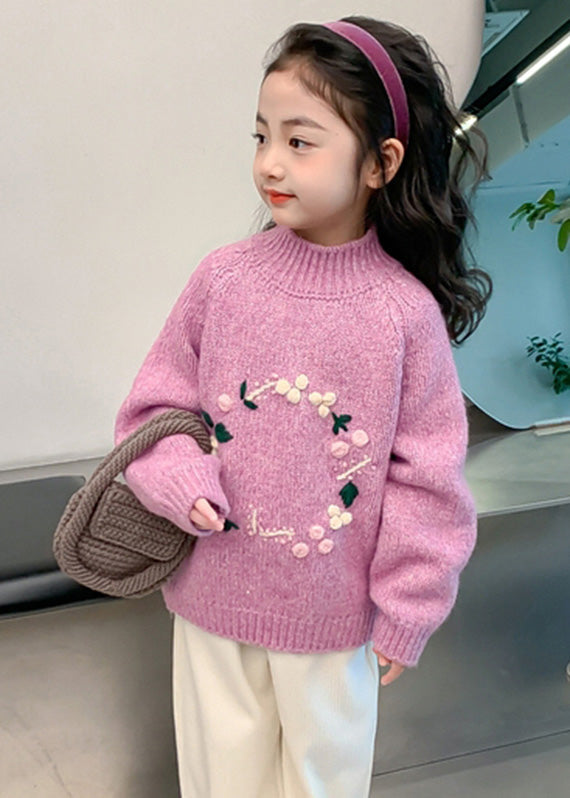 Light Purple Turtleneck Thick Cotton Knit Kids Sweaters Spring