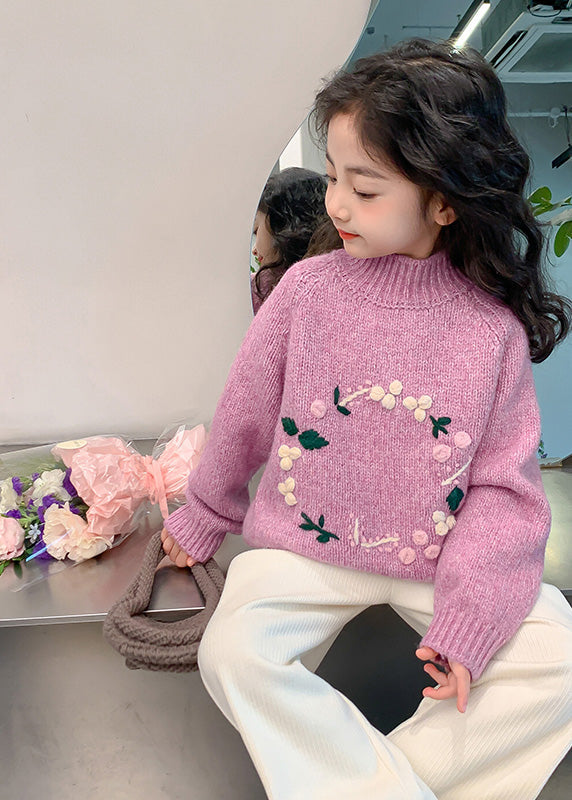 Light Purple Turtleneck Thick Cotton Knit Kids Sweaters Spring