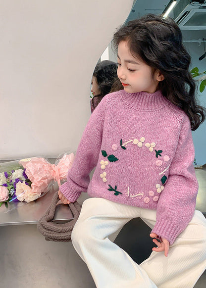 Light Purple Turtleneck Thick Cotton Knit Kids Sweaters Spring