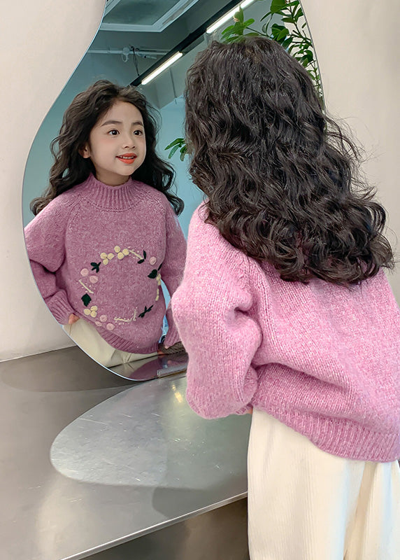 Light Purple Turtleneck Thick Cotton Knit Kids Sweaters Spring