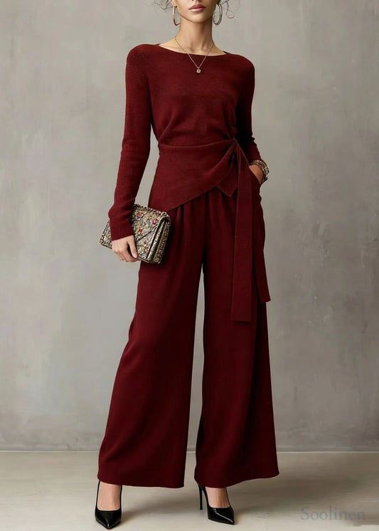 Mulberry Asymmetrical Design Knit Tops and Wide Leg Pants Two Pieces Set Spring
