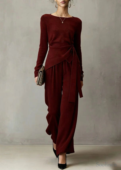Mulberry Asymmetrical Design Knit Tops and Wide Leg Pants Two Pieces Set Spring