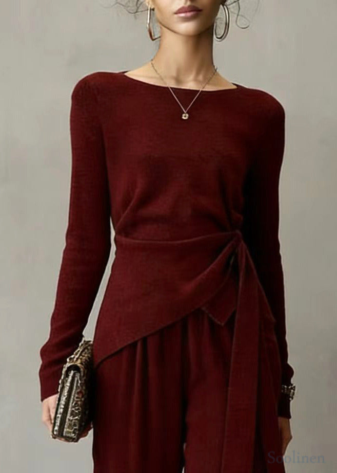 Mulberry Asymmetrical Design Knit Tops and Wide Leg Pants Two Pieces Set Spring