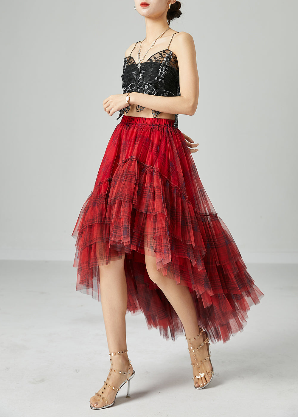 Mulberry Asymmetrical Patchwork Wrinkled Tulle Skirt Summer