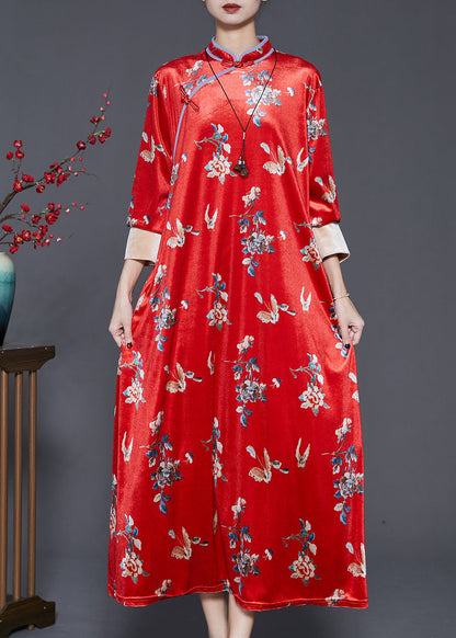 Mulberry Print Silk Velvet Chinese Style Dresses Spring