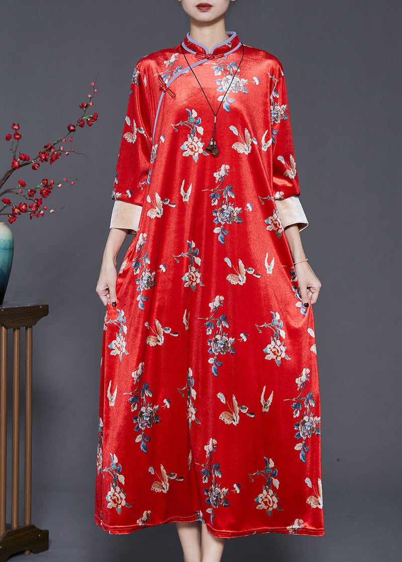 Mulberry Print Silk Velvet Chinese Style Dresses Spring