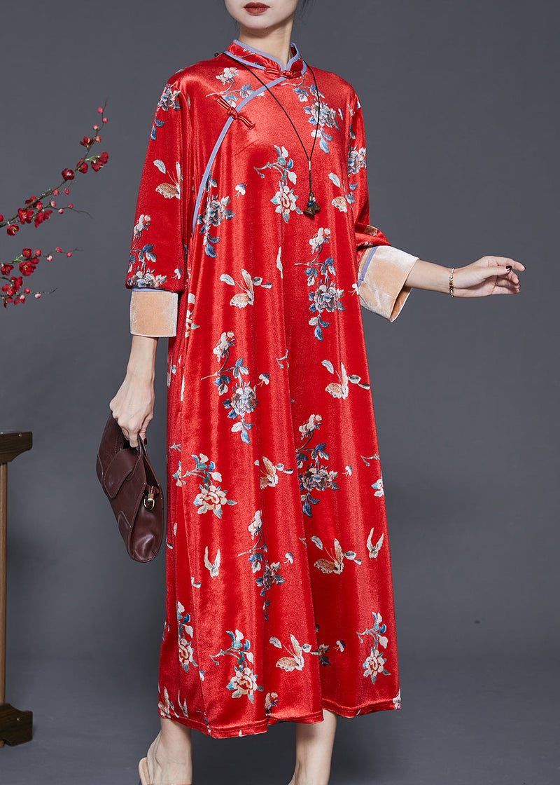 Mulberry Print Silk Velvet Chinese Style Dresses Spring