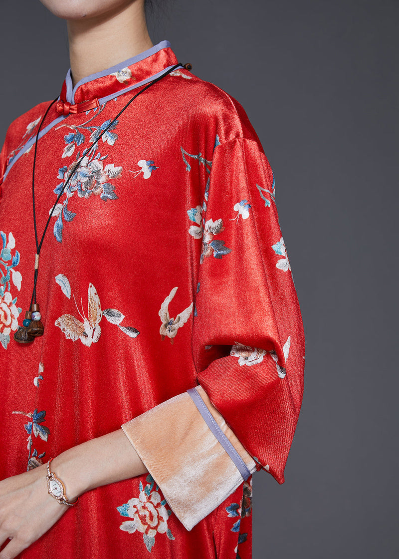 Mulberry Print Silk Velvet Chinese Style Dresses Spring