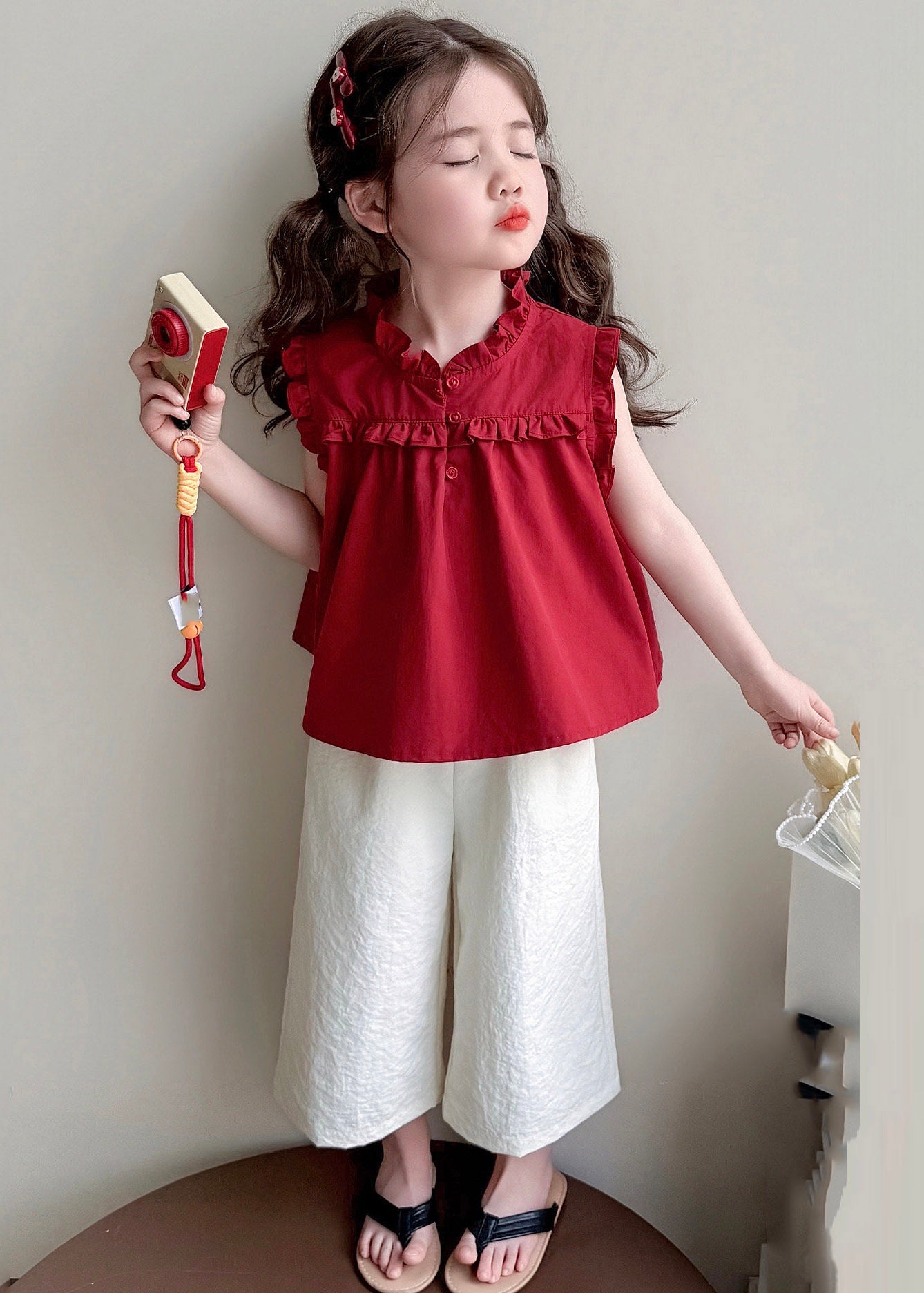 Mulberry Stand Collar Patchwork Vest and Wide Leg Pants Two Pieces Set Summer