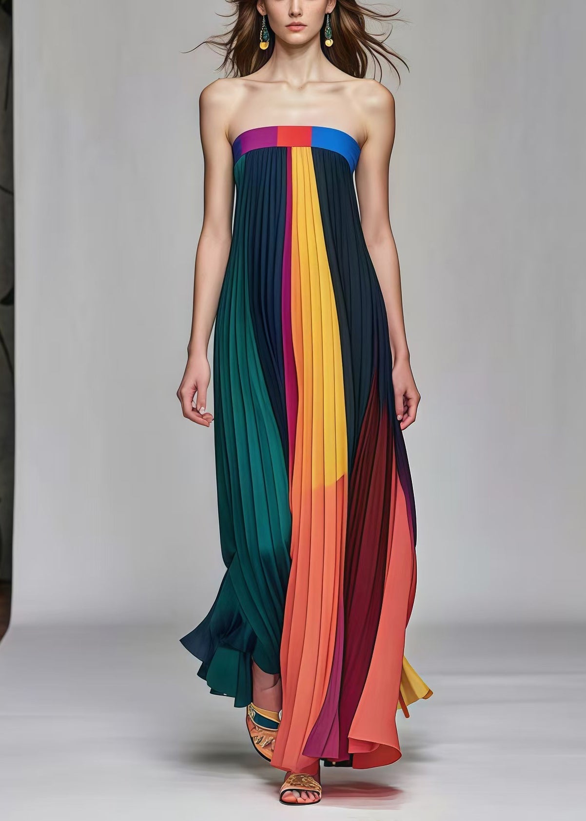 Multicolor Backless Chiffon Strapless Pleated Dress Summer