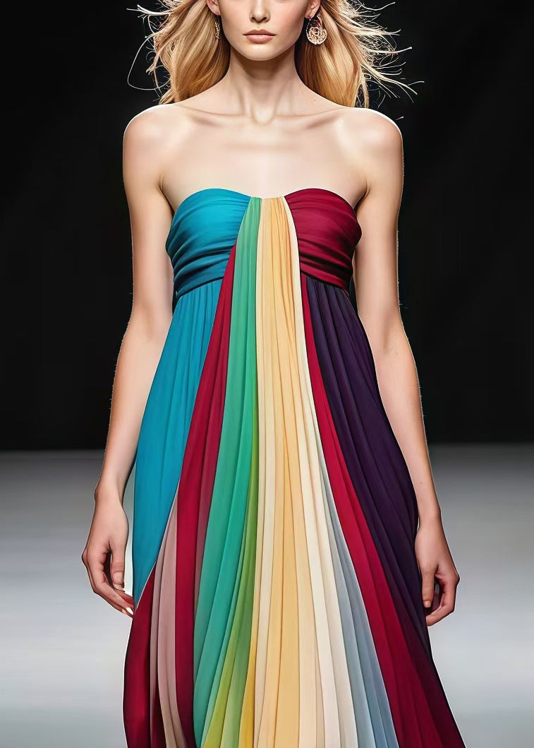 Multicolor Bustier Top Backless Chiffon Full Pleated Dress Summer