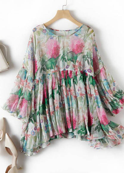 Multicolor O-neck Print Patchwork Silk Tops Summer