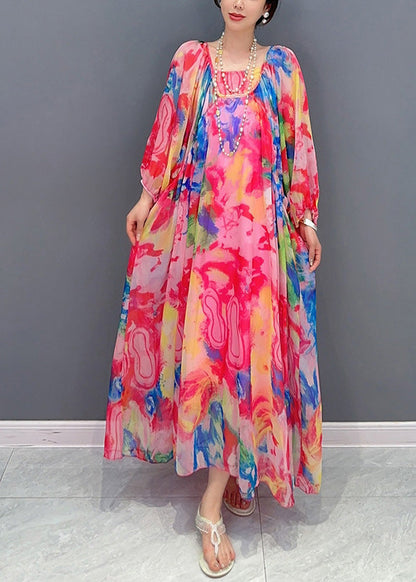 Multicolor Square Collar Print Chiffon Maxi Dress Long Sleeve
