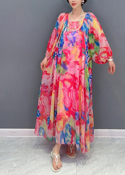 Multicolor Square Collar Print Chiffon Maxi Dress Long Sleeve