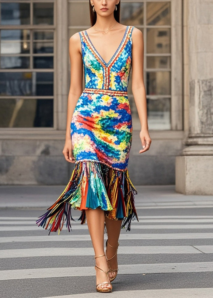 Multicolou Print Knit Dresses Tasseled Summer