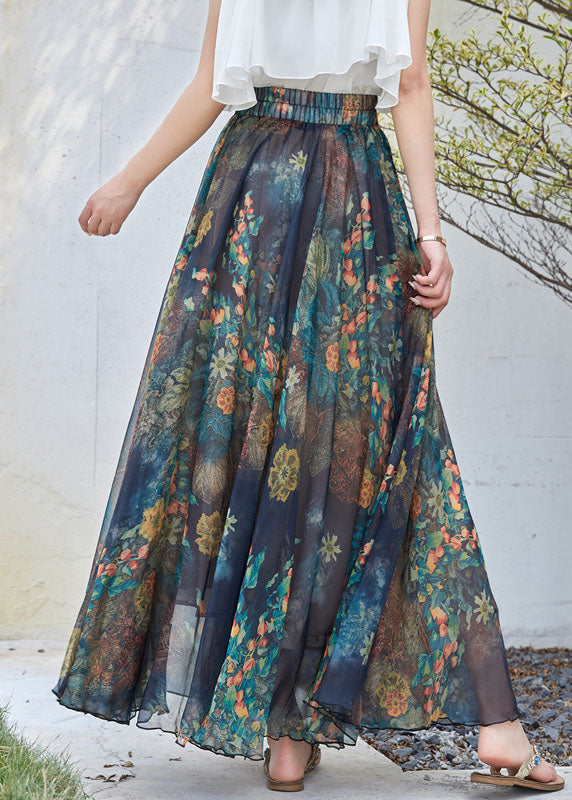 Navy Elastic Waist Print Exra Large Hem Chiffon a Line Skirt Summer