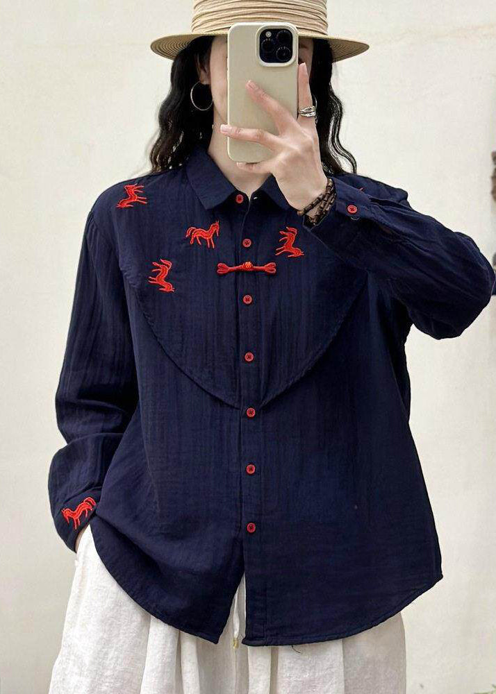 Navy Embroidered Cotton Loose Shirt Spring