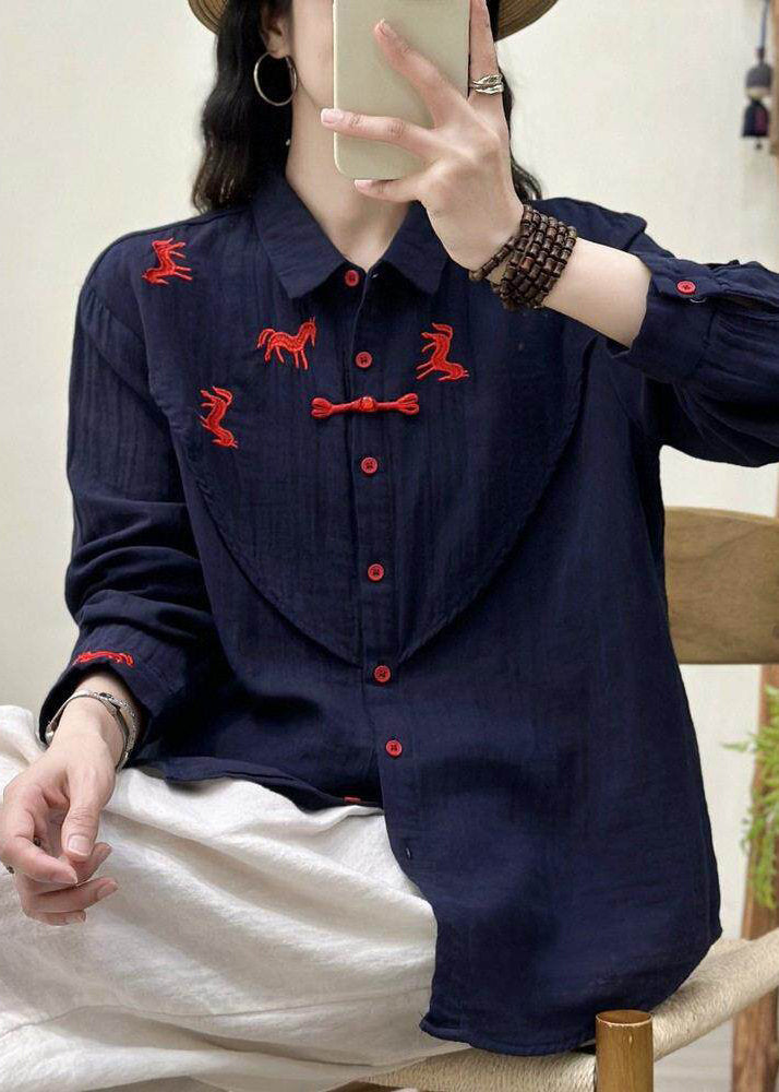 Navy Embroidered Cotton Loose Shirt Spring