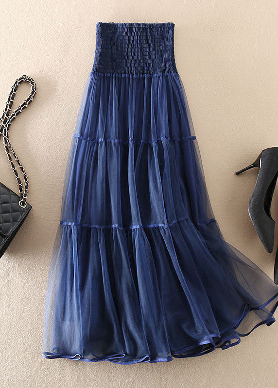 Navy High Waist Patchwork Tulle Pleated Skirt Spring