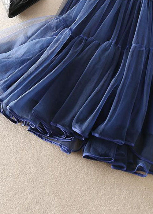 Navy High Waist Patchwork Tulle Pleated Skirt Spring