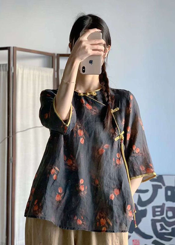 Navy O Neck Print Chinese Button Patchwork Linen Tops Summer
