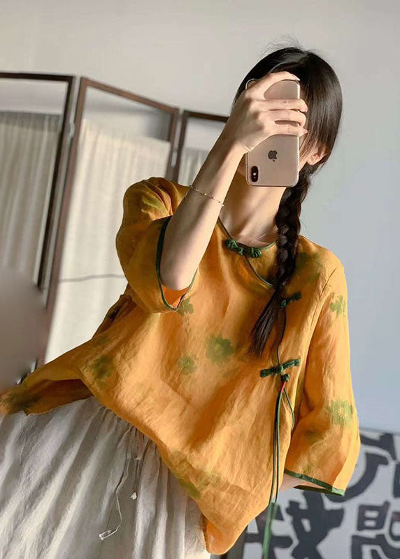 Navy O Neck Print Chinese Button Patchwork Linen Tops Summer