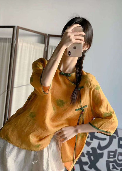 Navy O Neck Print Chinese Button Patchwork Linen Tops Summer