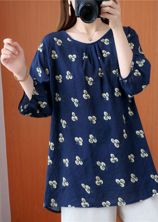 Navy O-neck Print Wrinkled Fall Half Sleeve Top