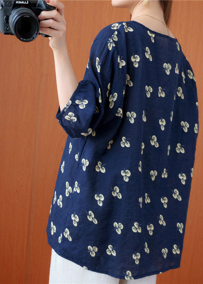 Navy O-neck Print Wrinkled Fall Half Sleeve Top