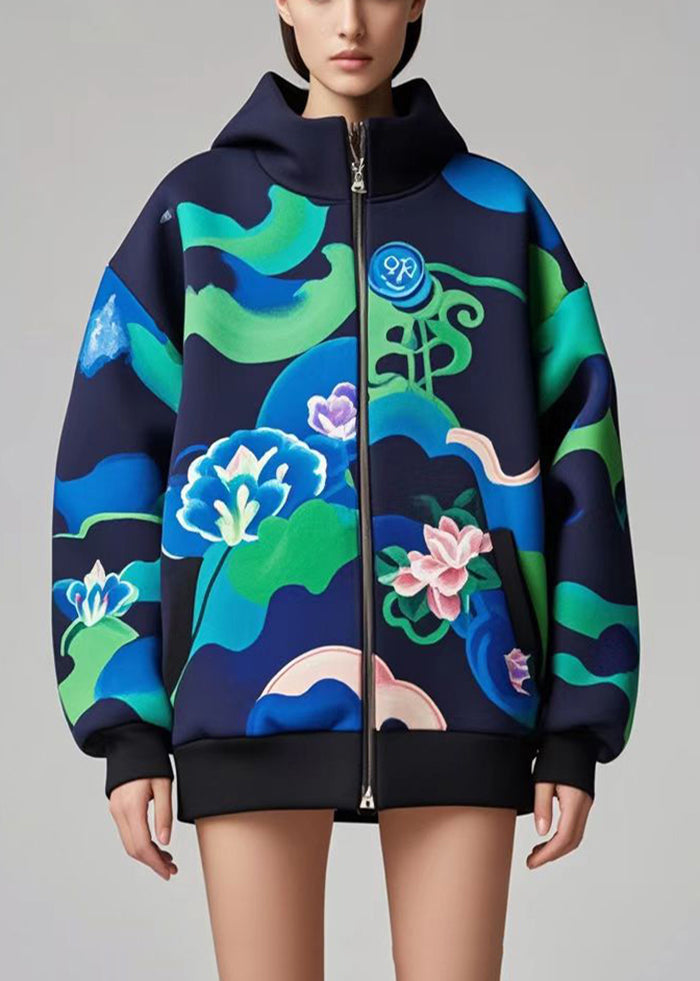 Navy Oversized Print Cotton Hoodie Coat Fall