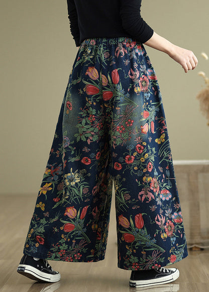 Navy Oversized Print Denim Wide Leg Pants Summer