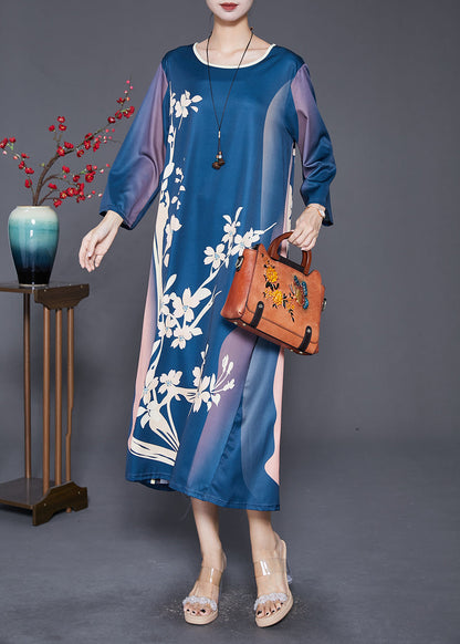 Navy Oversized Print Silk Long Dress Fall